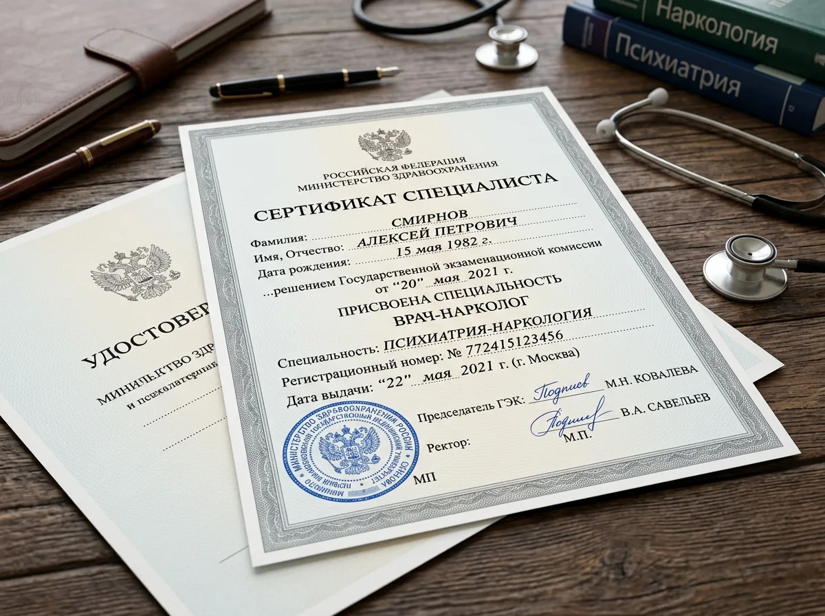 Сертификат специалиста врача-нарколога, документ об образовании и квалификации, синяя печать медицинского университета